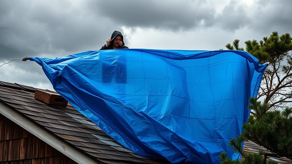 Emergency storm damage repair with protective tarp