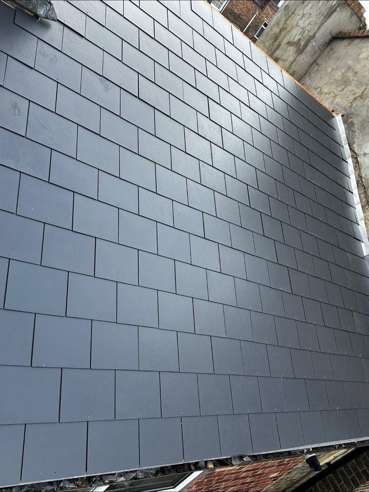 Close-up of finished slate roof work